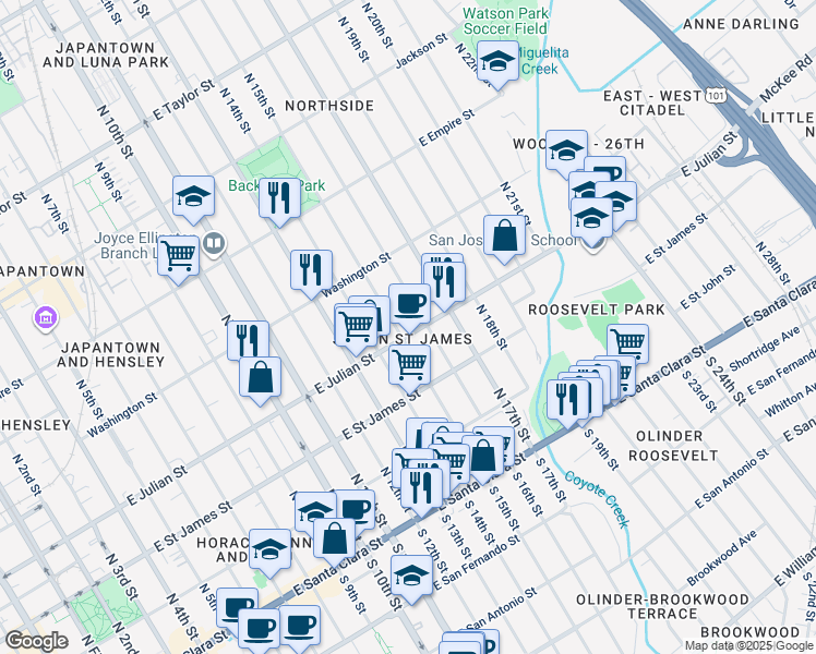 map of restaurants, bars, coffee shops, grocery stores, and more near in San Jose
