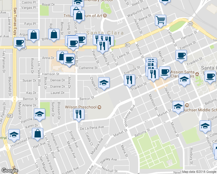 map of restaurants, bars, coffee shops, grocery stores, and more near 1832 Benton Street in Santa Clara