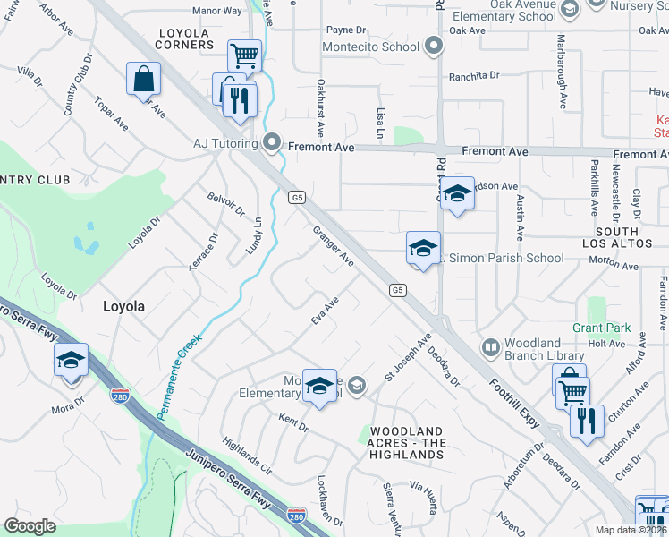 map of restaurants, bars, coffee shops, grocery stores, and more near 1395 Montclaire Way in Los Altos