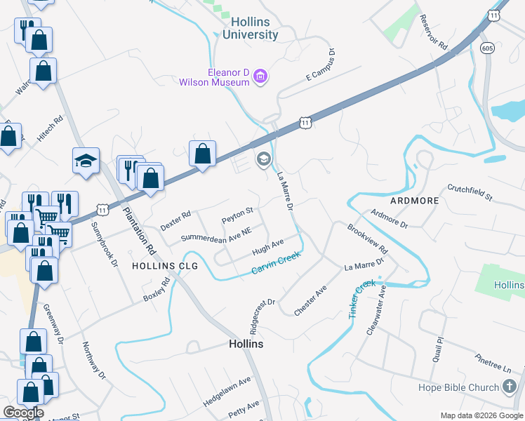 map of restaurants, bars, coffee shops, grocery stores, and more near 852-858 Summerdean Avenue Northeast in Hollins