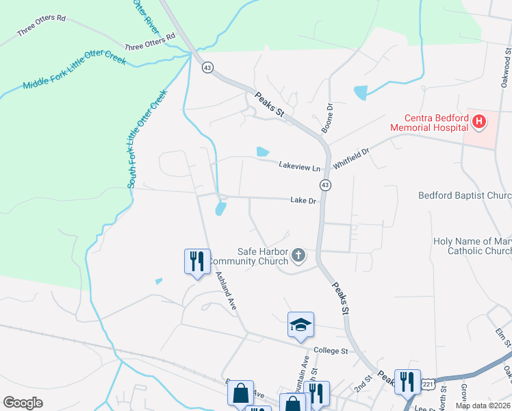map of restaurants, bars, coffee shops, grocery stores, and more near 920 Peaksview St in Bedford