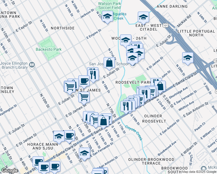 map of restaurants, bars, coffee shops, grocery stores, and more near 176 North 18th Street in San Jose