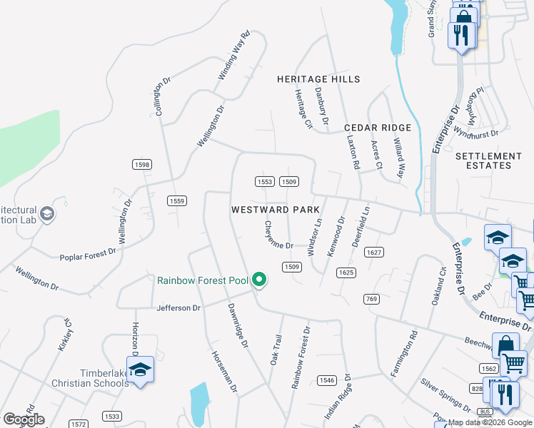 map of restaurants, bars, coffee shops, grocery stores, and more near County Road 1553 in Timberlake