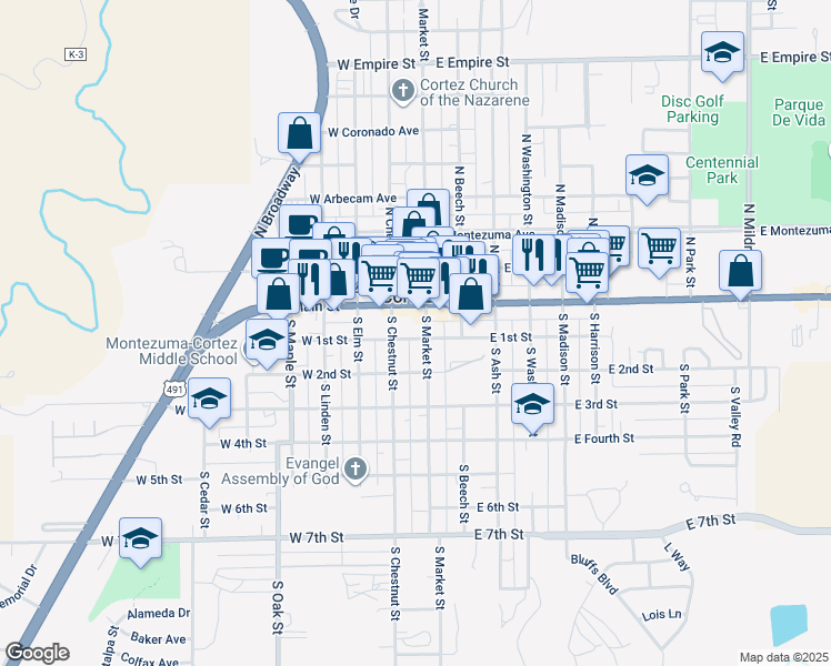 map of restaurants, bars, coffee shops, grocery stores, and more near 112 South Market Street in Cortez