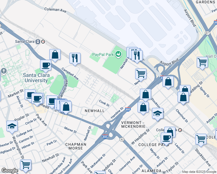 map of restaurants, bars, coffee shops, grocery stores, and more near 889 Rancho Place in San Jose