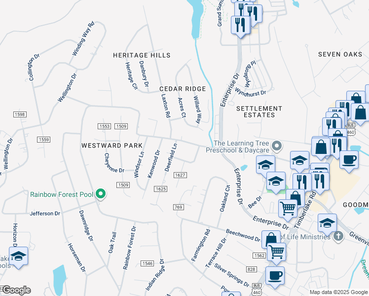 map of restaurants, bars, coffee shops, grocery stores, and more near 682 Laxton Road in Lynchburg