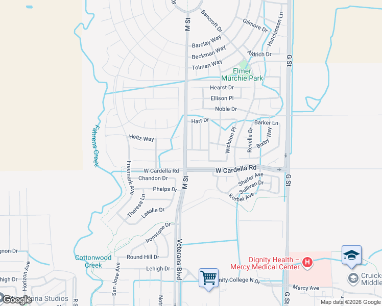map of restaurants, bars, coffee shops, grocery stores, and more near 588 Samuel Way in Merced