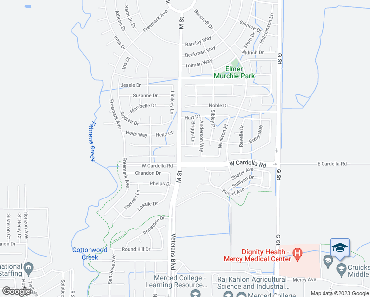 map of restaurants, bars, coffee shops, grocery stores, and more near 588 Samuel Way in Merced