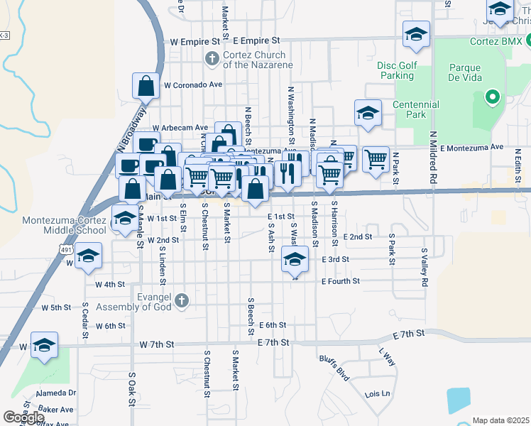 map of restaurants, bars, coffee shops, grocery stores, and more near 113 East Main Street in Cortez