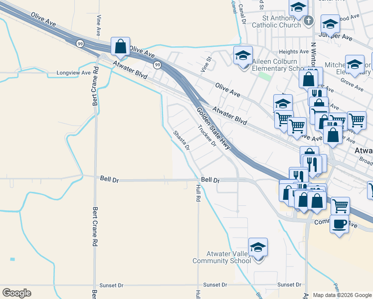 map of restaurants, bars, coffee shops, grocery stores, and more near 1945 Shasta Drive in Atwater