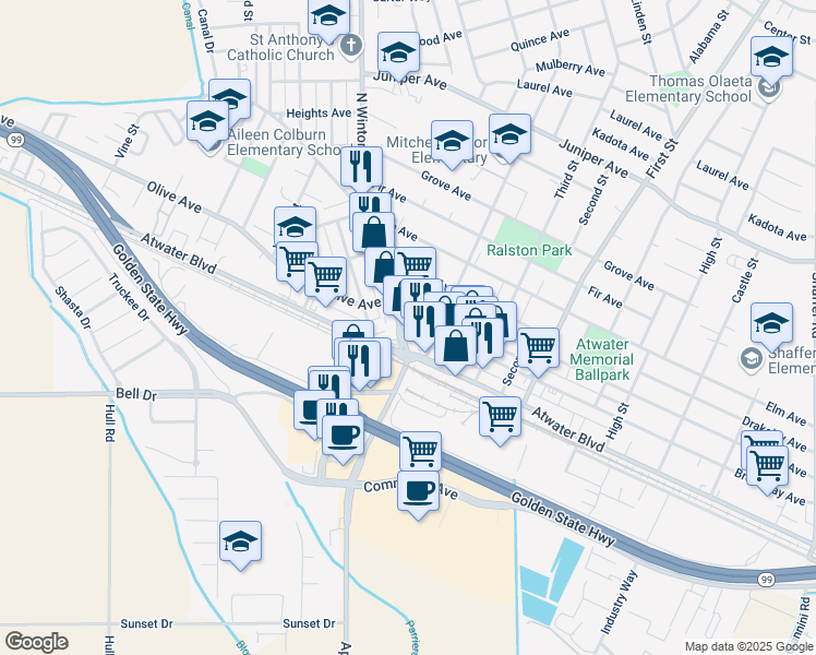 map of restaurants, bars, coffee shops, grocery stores, and more near 1488 Broadway Avenue in Atwater