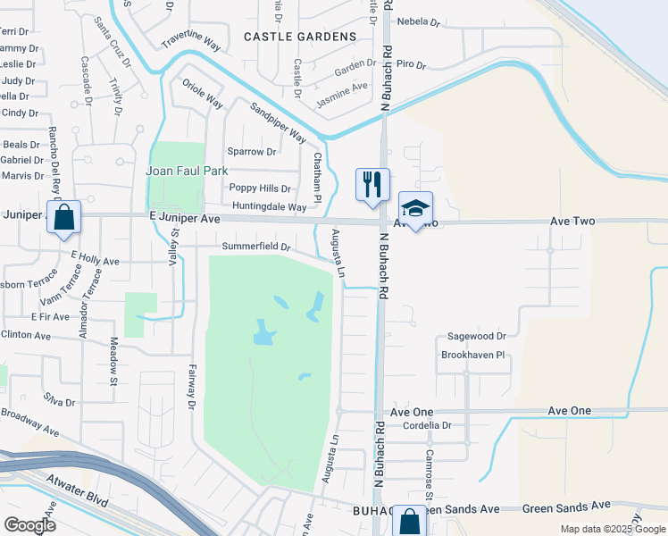 map of restaurants, bars, coffee shops, grocery stores, and more near 1783 Augusta Lane in Atwater