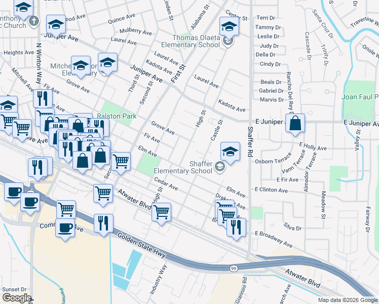 map of restaurants, bars, coffee shops, grocery stores, and more near 1510 High Street in Atwater