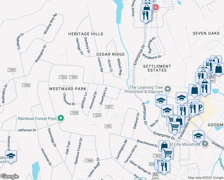 map of restaurants, bars, coffee shops, grocery stores, and more near 682 Laxton Road in Lynchburg