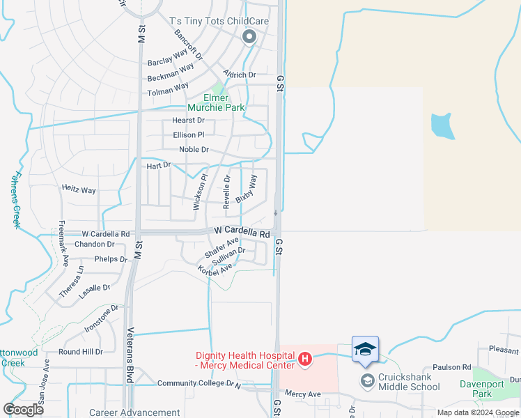 map of restaurants, bars, coffee shops, grocery stores, and more near 4348 Strathmore Place in Merced