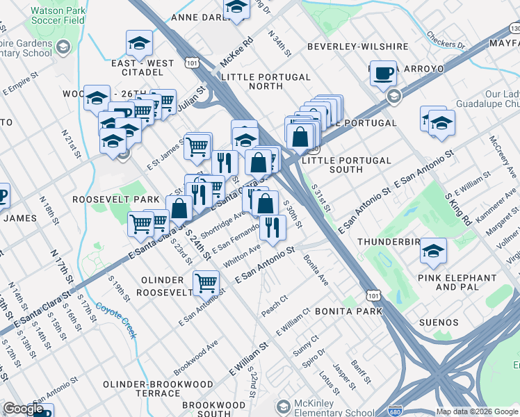 map of restaurants, bars, coffee shops, grocery stores, and more near 1393 Shortridge Avenue in San Jose