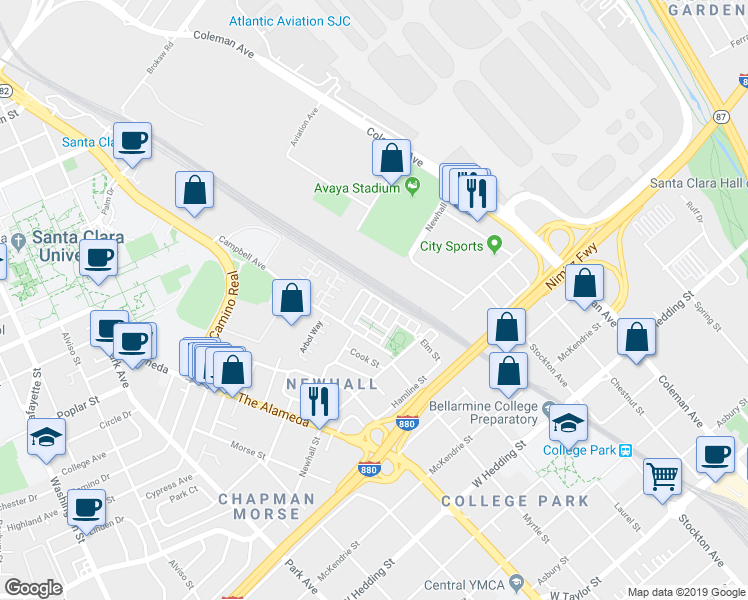 map of restaurants, bars, coffee shops, grocery stores, and more near 1314 De Altura Common in San Jose