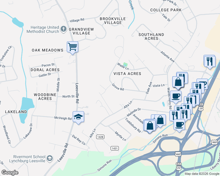map of restaurants, bars, coffee shops, grocery stores, and more near 1213 Grove Road in Lynchburg