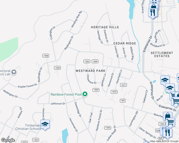 map of restaurants, bars, coffee shops, grocery stores, and more near 263-311 County Road 1553 in Timberlake