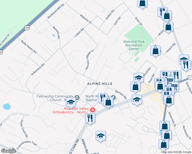 map of restaurants, bars, coffee shops, grocery stores, and more near 1030 Starmount Avenue in Hollins