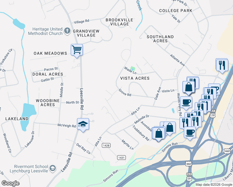 map of restaurants, bars, coffee shops, grocery stores, and more near 1213 Grove Road in Lynchburg