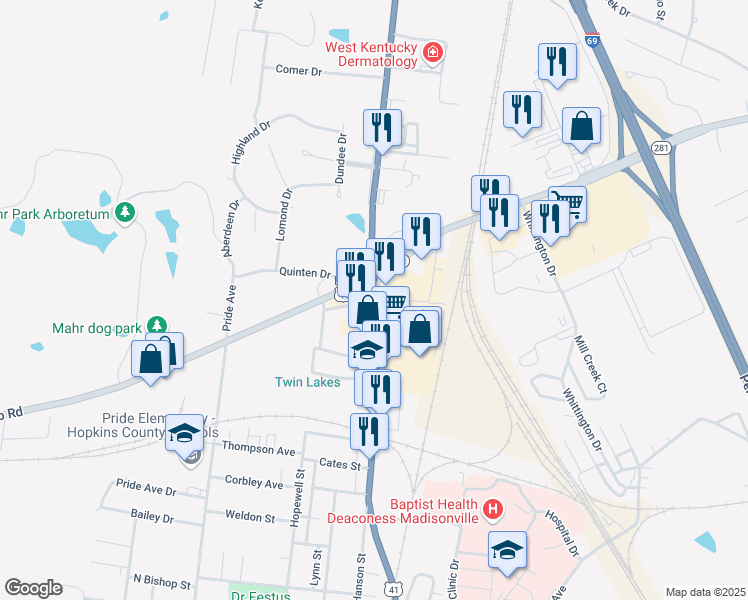 map of restaurants, bars, coffee shops, grocery stores, and more near 30 North Main Street in Madisonville