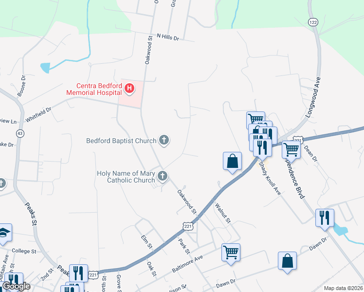 map of restaurants, bars, coffee shops, grocery stores, and more near 1515 Clearview Road in Bedford
