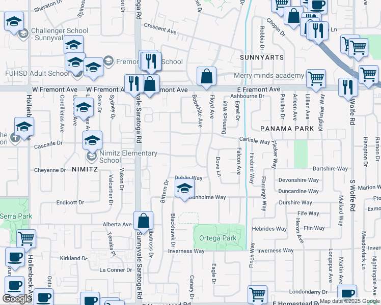 map of restaurants, bars, coffee shops, grocery stores, and more near 577 Carrick Court in Sunnyvale