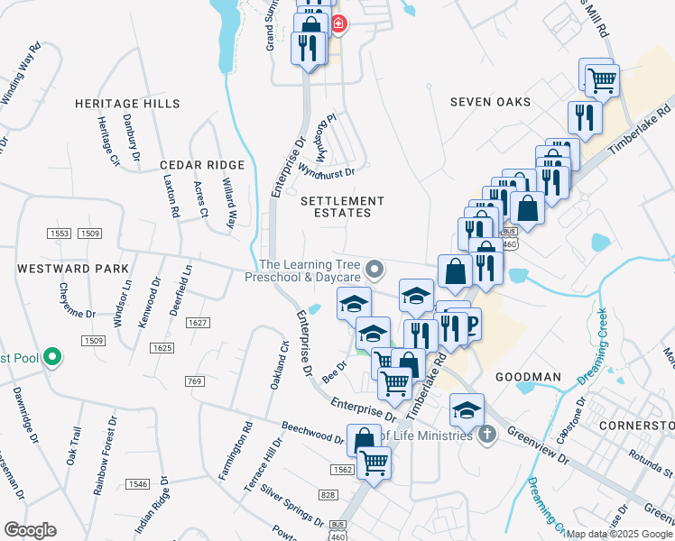 map of restaurants, bars, coffee shops, grocery stores, and more near 351 Laxton Road in Lynchburg