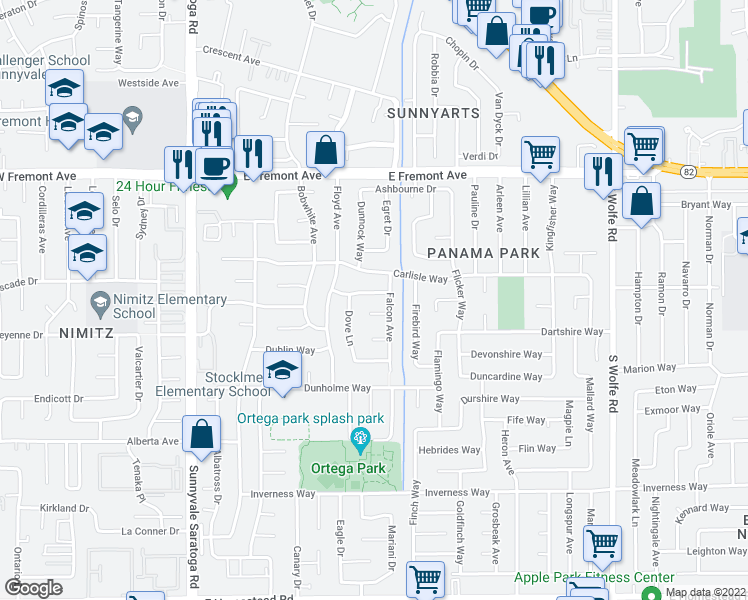 map of restaurants, bars, coffee shops, grocery stores, and more near 646 Cheshire Way in Sunnyvale