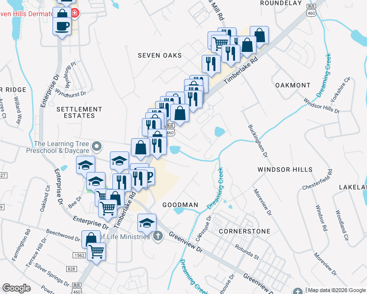 map of restaurants, bars, coffee shops, grocery stores, and more near Unnamed Road in Lynchburg