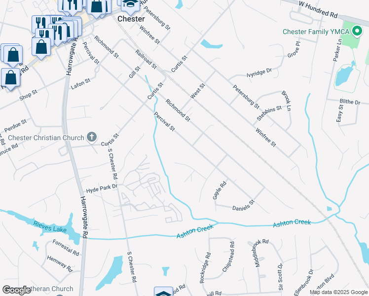 map of restaurants, bars, coffee shops, grocery stores, and more near 12548 Percival Street in Chester