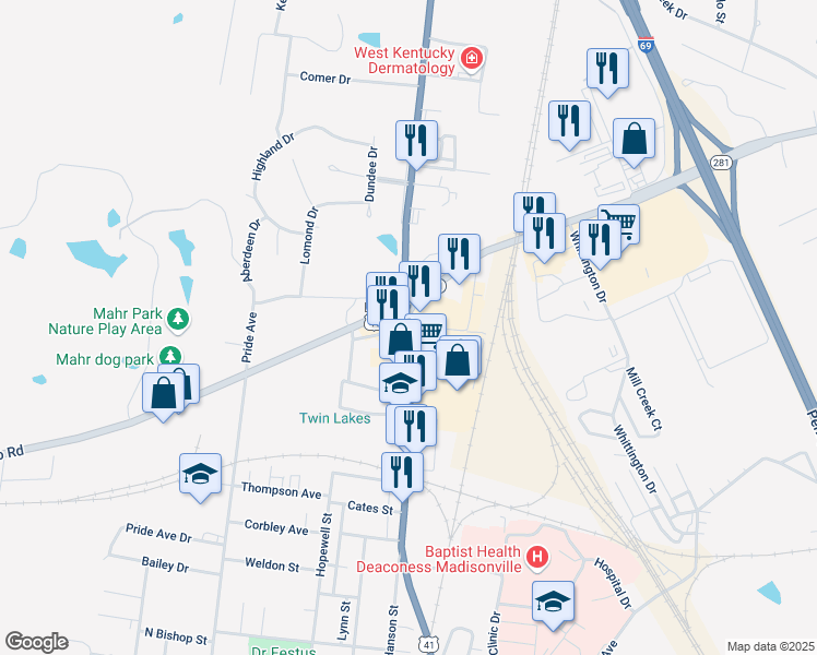 map of restaurants, bars, coffee shops, grocery stores, and more near 30 North Main Street in Madisonville