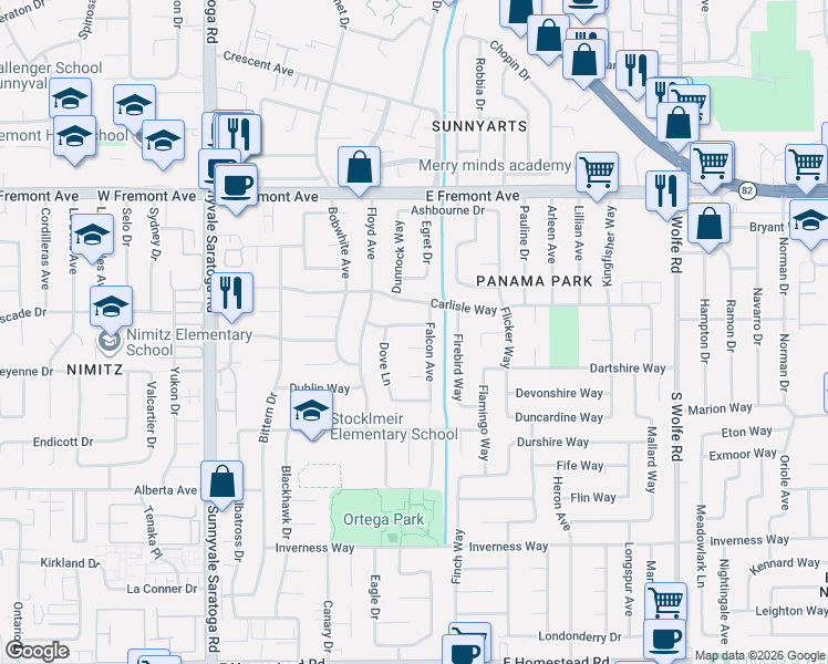 map of restaurants, bars, coffee shops, grocery stores, and more near 646 Cheshire Way in Sunnyvale