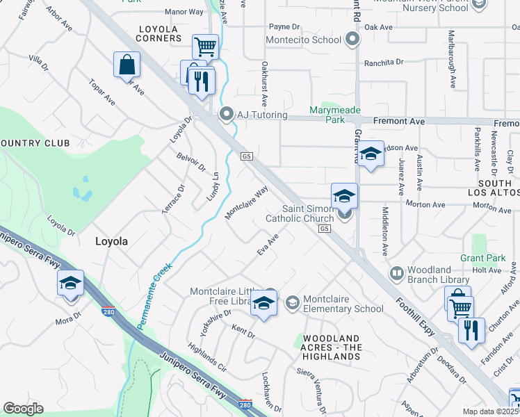 map of restaurants, bars, coffee shops, grocery stores, and more near 1245 Monte Verde Court in Los Altos