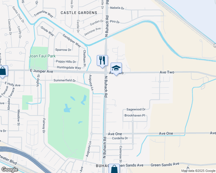map of restaurants, bars, coffee shops, grocery stores, and more near 1800 North Buhach Road in Atwater