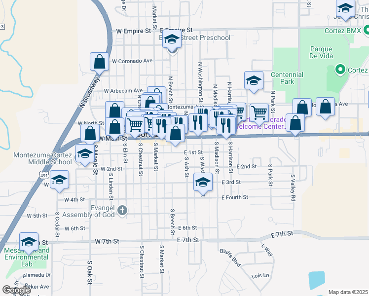 map of restaurants, bars, coffee shops, grocery stores, and more near 215 U.S. 160 in Cortez