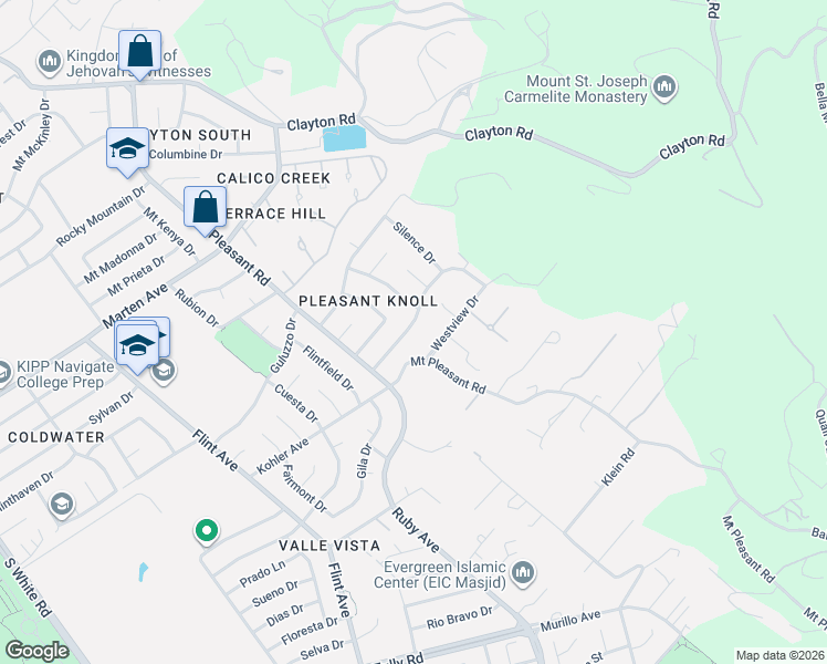 map of restaurants, bars, coffee shops, grocery stores, and more near 3572 Pleasant Crest Drive in San Jose
