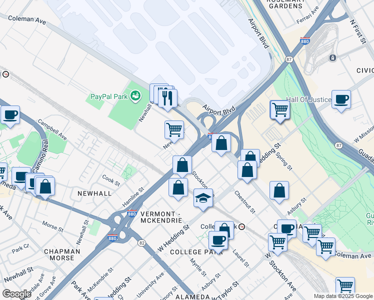 map of restaurants, bars, coffee shops, grocery stores, and more near 1057 Chestnut Street in San Jose