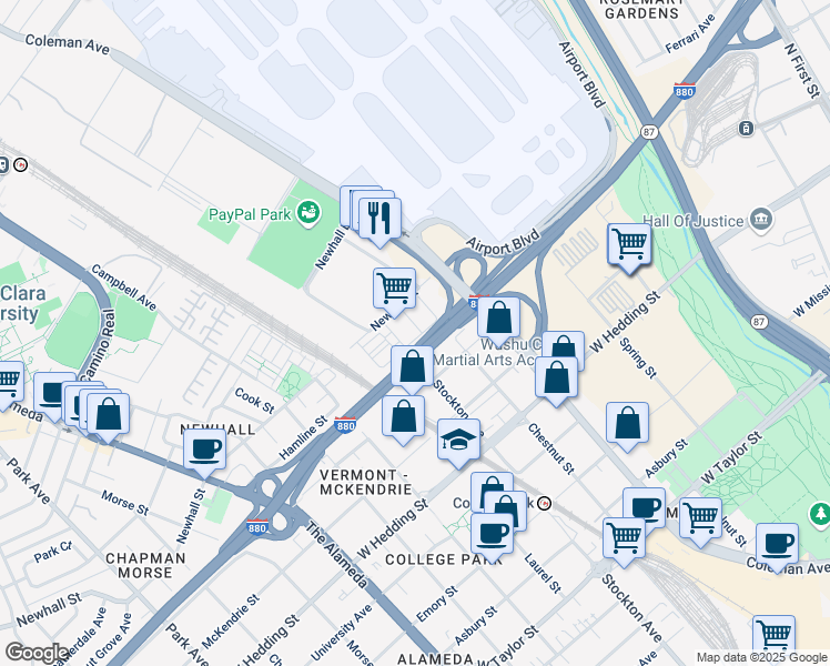 map of restaurants, bars, coffee shops, grocery stores, and more near 1057 Chestnut Street in San Jose