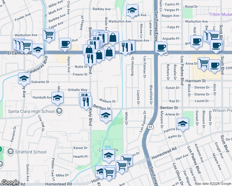 map of restaurants, bars, coffee shops, grocery stores, and more near 1232 Foley Avenue in Santa Clara