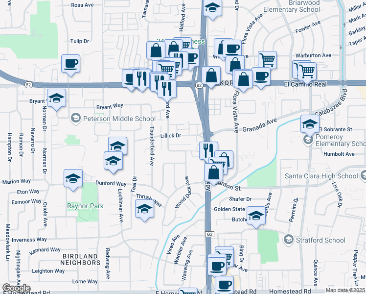 map of restaurants, bars, coffee shops, grocery stores, and more near 3700 Lillick Drive in Santa Clara