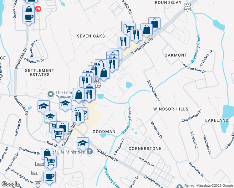 map of restaurants, bars, coffee shops, grocery stores, and more near 8022 Timberlake Road in Lynchburg