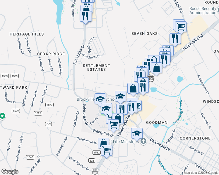 map of restaurants, bars, coffee shops, grocery stores, and more near 1218 Wood Road in Lynchburg