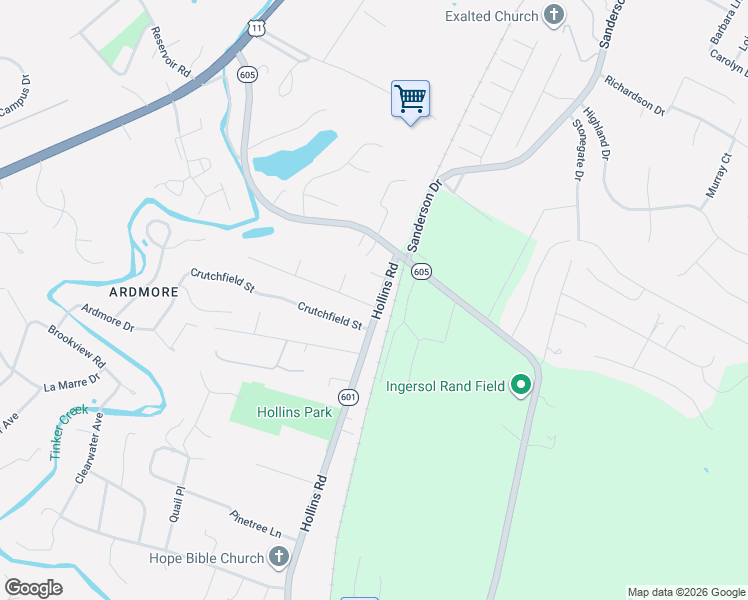 map of restaurants, bars, coffee shops, grocery stores, and more near 5942 Hollins Road in Hollins