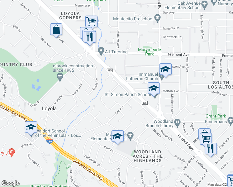 map of restaurants, bars, coffee shops, grocery stores, and more near 1245 Monte Verde Court in Los Altos