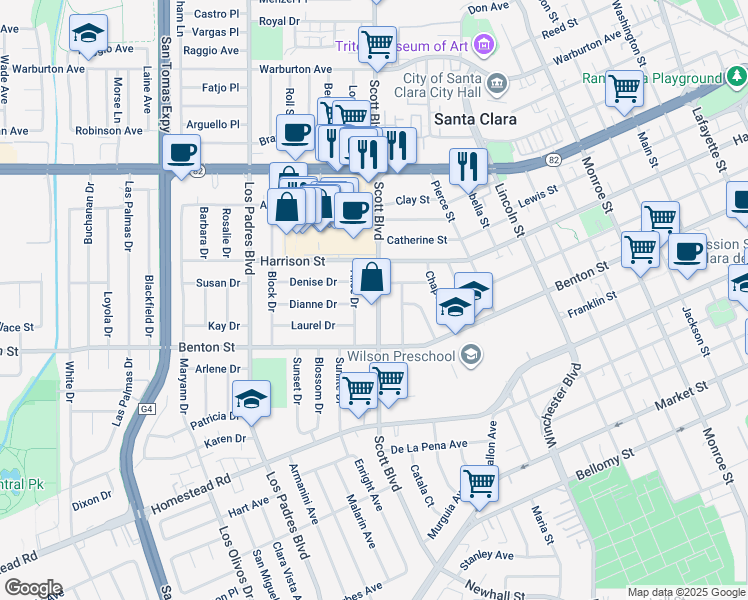 map of restaurants, bars, coffee shops, grocery stores, and more near 1267 Scott Boulevard in Santa Clara