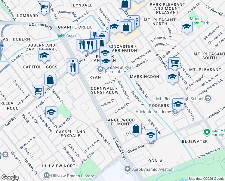map of restaurants, bars, coffee shops, grocery stores, and more near 1376 Suffolk Drive in San Jose