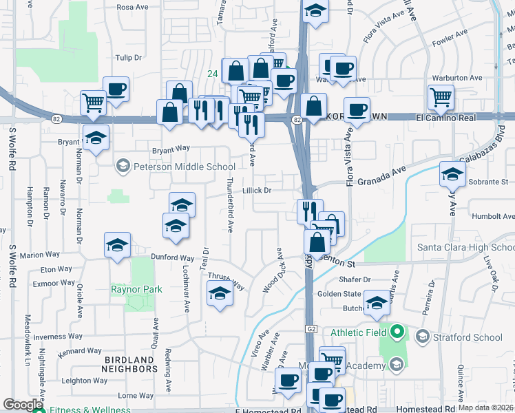 map of restaurants, bars, coffee shops, grocery stores, and more near 1240 Halford Avenue in Santa Clara