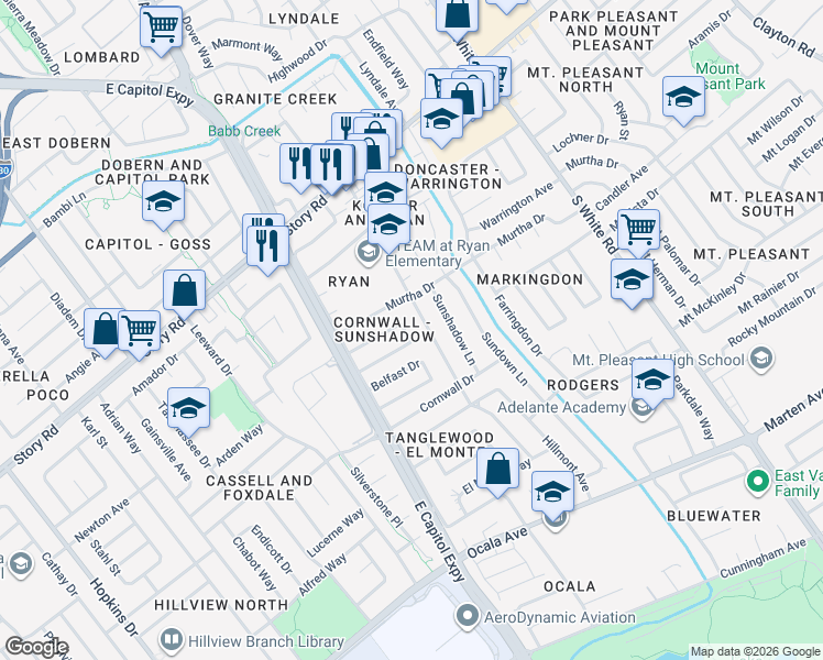 map of restaurants, bars, coffee shops, grocery stores, and more near 1376 Suffolk Drive in San Jose